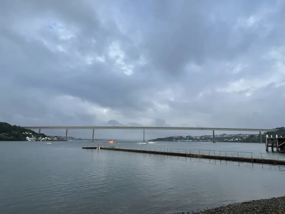 The Cleddau Bridge spanning the Milford Haven Waterway under a heavy sky